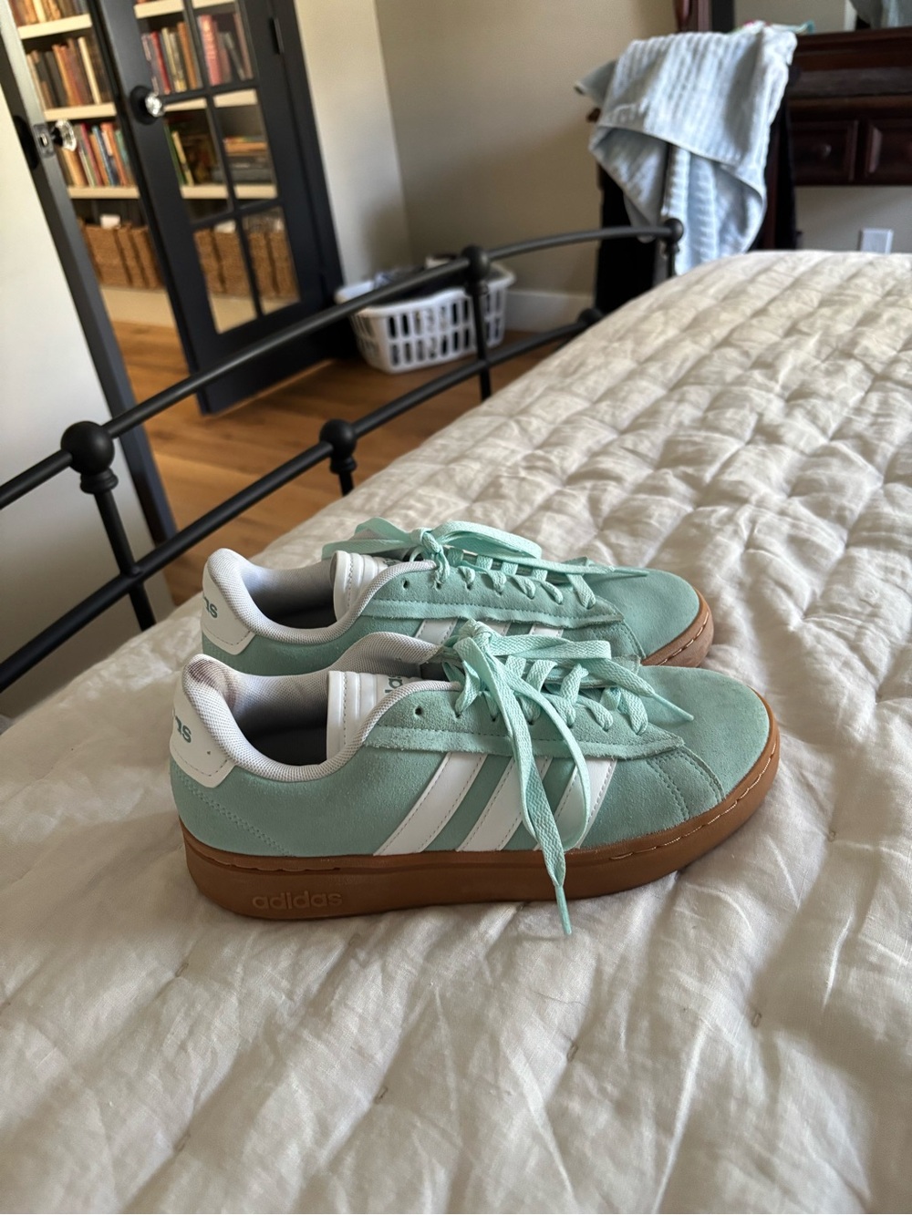 adidas Mint Green Suede Sneakers with White Stripes and Gum Sole